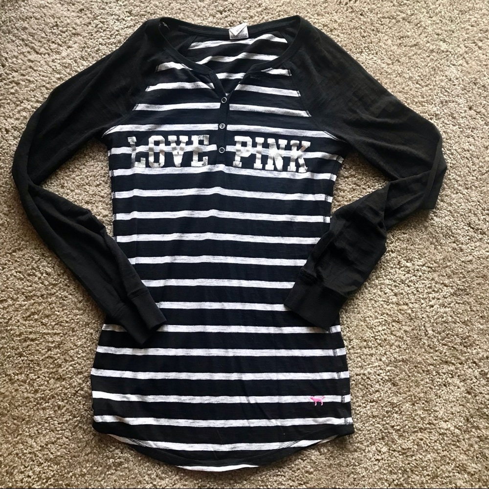 VS PINK Black and White Striped Sleep Top